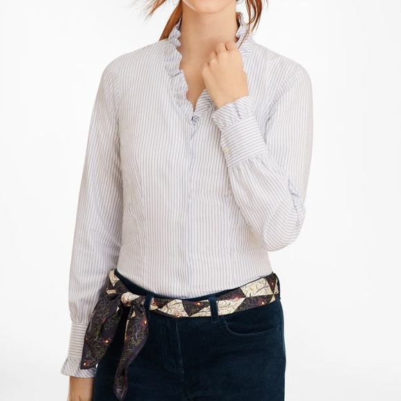 NWT Brooks Brothers White and Light Blue Pinstripe Ruffle-Neck Button Blouse 6 - Picture 2 of 8